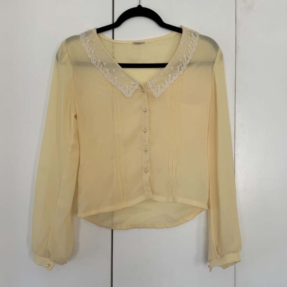 Vintage Yellow Chiffon Blouse with Lace Peter Pan Collar and Pearl Buttons